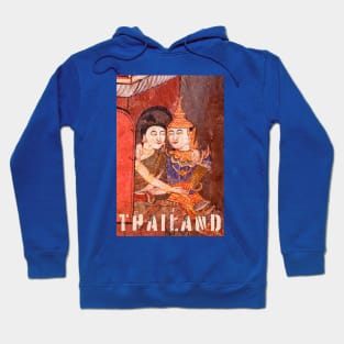 Antique Thai colorful temple mural of a young couple embracing in traditional period ceremonial clothing Hoodie